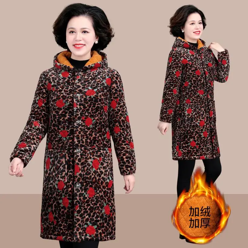 Middle-Aged Elderly Mothers Spring Autumn HoodedCotton Keep Warm Down Cotton Clothes Plus Velvet Small Padded Jacket Female Coat