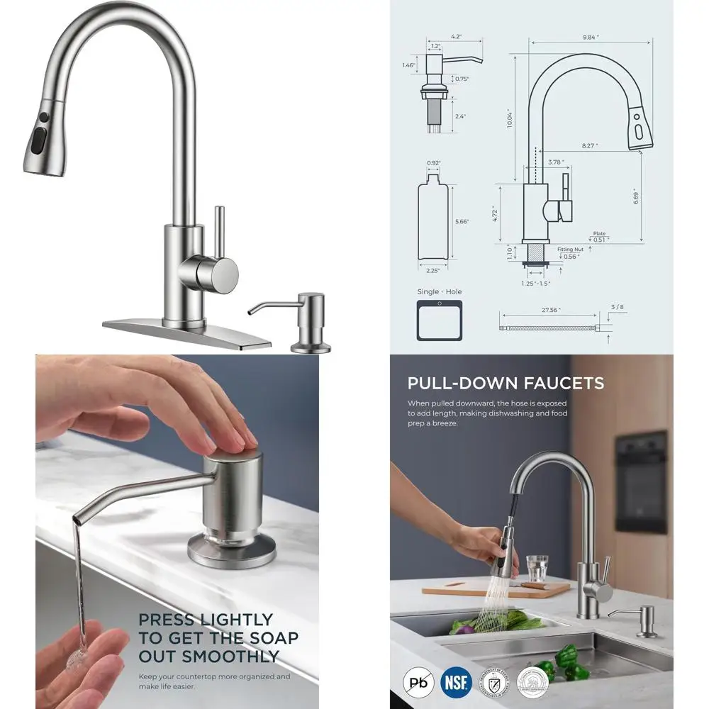 

Single Handle Pull-Down Sprayer Kitchen Faucet with Soap Dispenser, Brushed Nickel, Stainless Steel, Transitional Style, 1 or 3