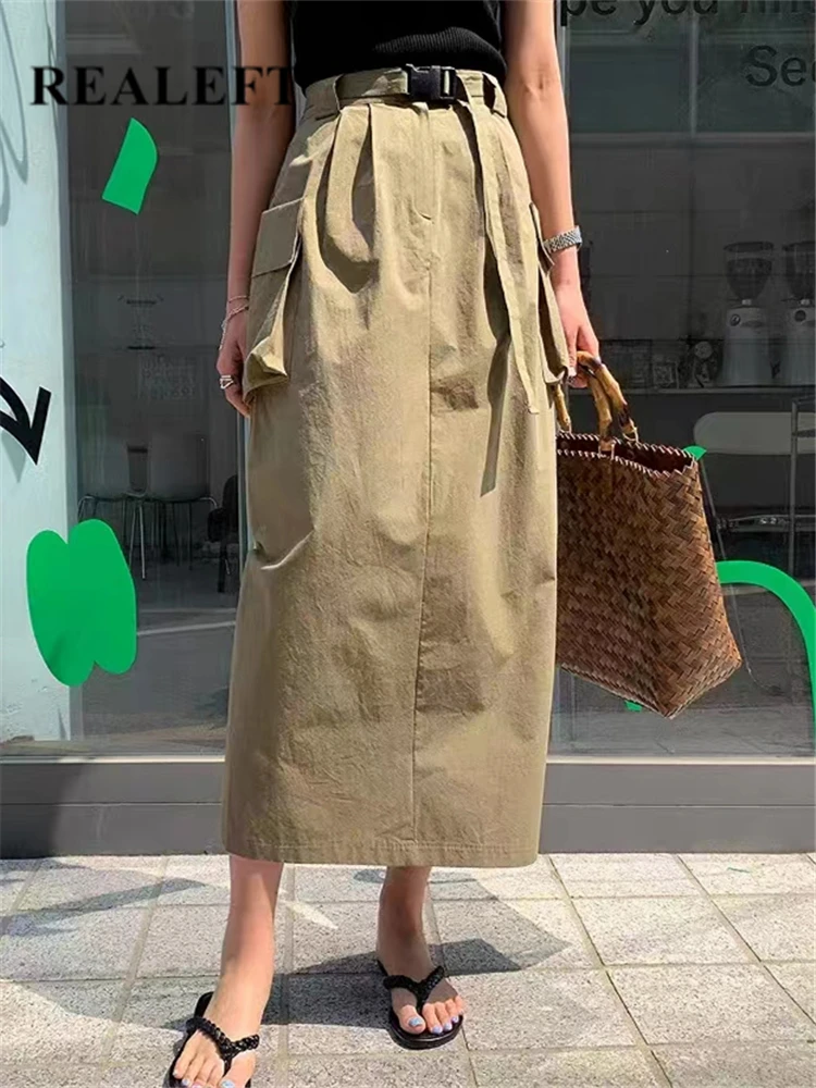 

REALEFT Spring Summer Women's Cargo A-Line Skirts with Belted 2023 New Solid Fashionable Pockets Casual High Waist Skirts