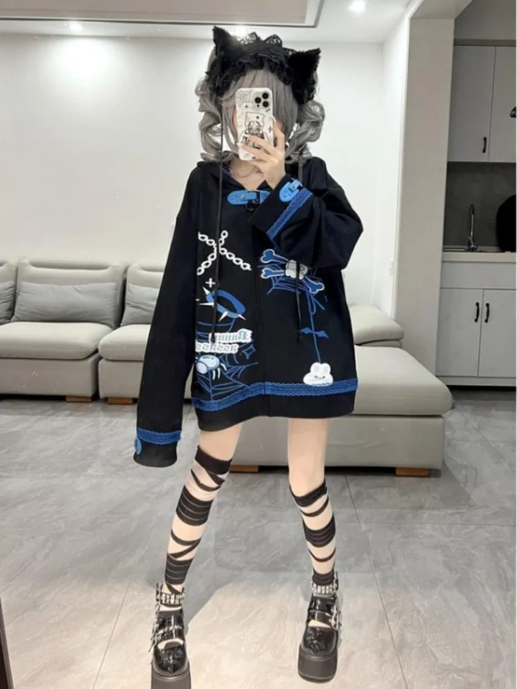 Harajuku Kawaii Hoodies Women Y2k Aesthetic Grunge Tops 2024 Loose Casual Zip Up Sweatshirt Rabbit Ear Cartoon Print Streetwear