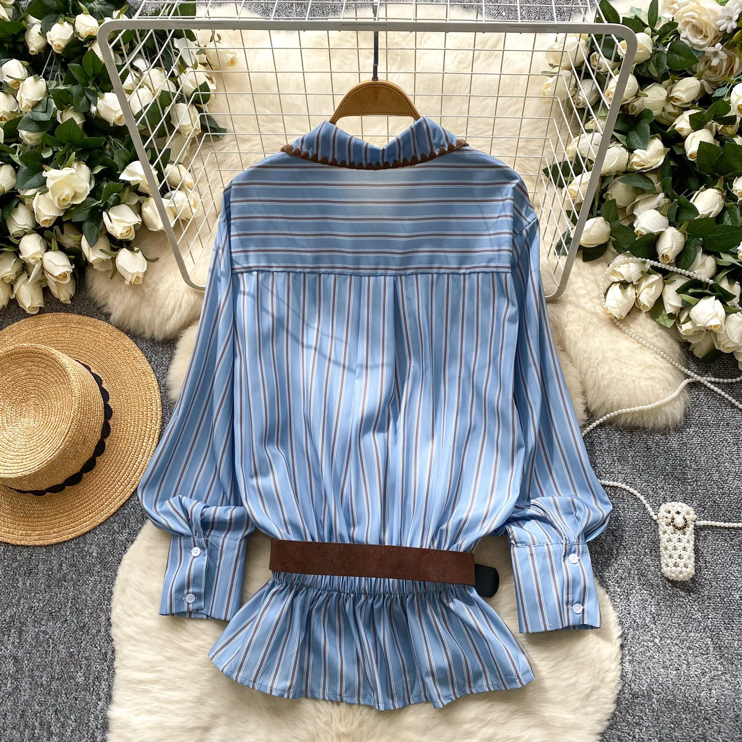 Blouses Women Shirt Turn Down Collar Full Sleeve Tops Striped Y2k Streetwear Elegant Splice Shirts Work Casual High Waist 2025