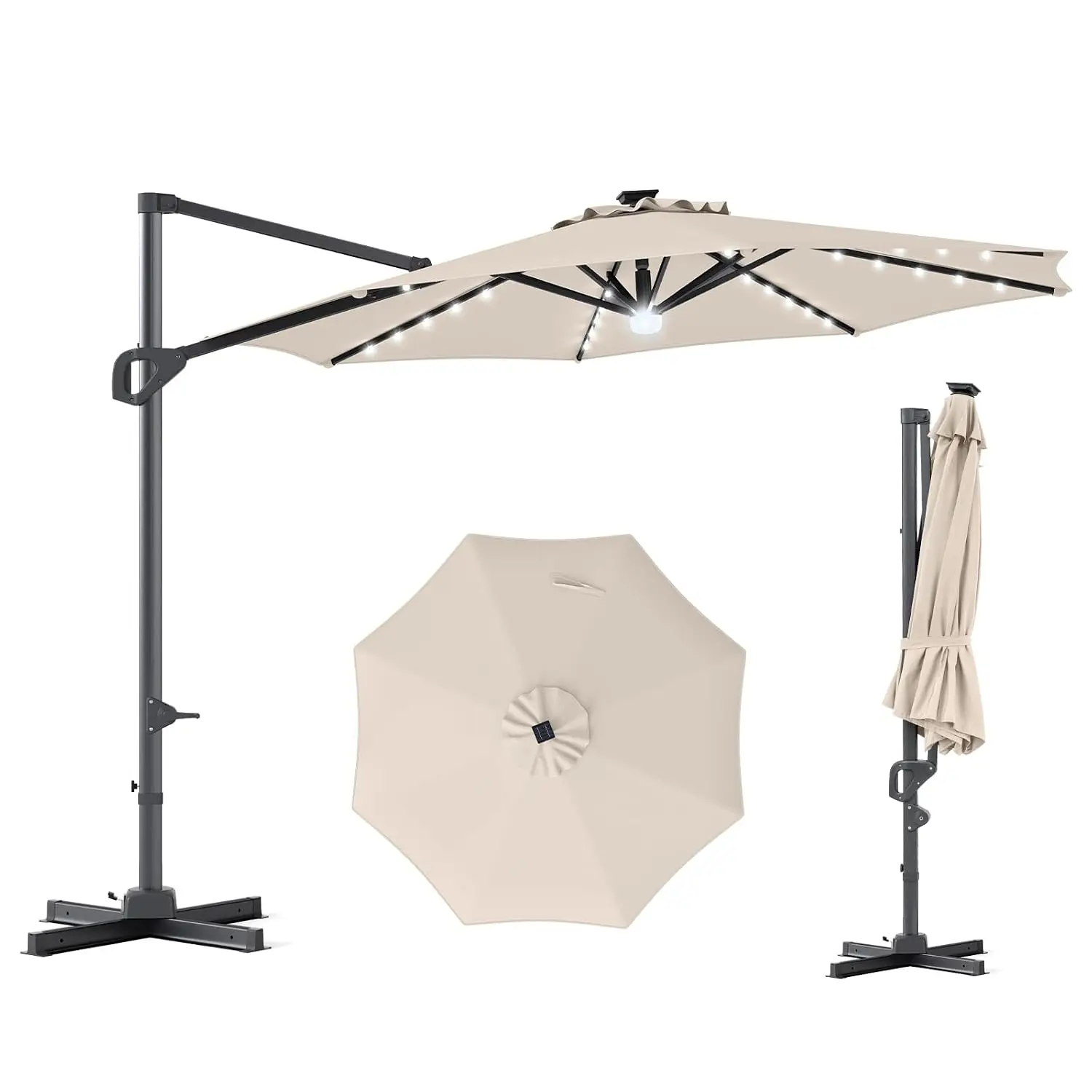 10ft Offset Umbrella Solar LED Lights 360° Rotation Tilt Aluminum Pole Air Vent Square Outdoor Shade Pool Deck Yard, Customized