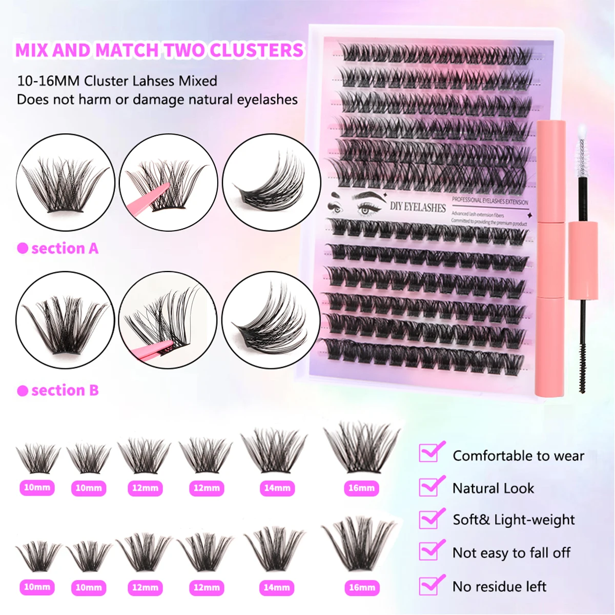 DIY Eyelash Extension Kit, 144 Pc Eyelash Clusters, Super Fixed Mascara Brush Bonding and Sealing Eyelash Glue and Eyelash Applicator and Tweezers