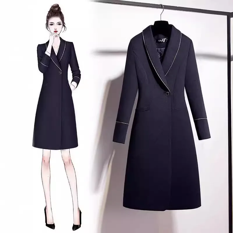 

Professional woolen coat women's autumn and winter medium and long thickened slim temperament jewelry store work clothes