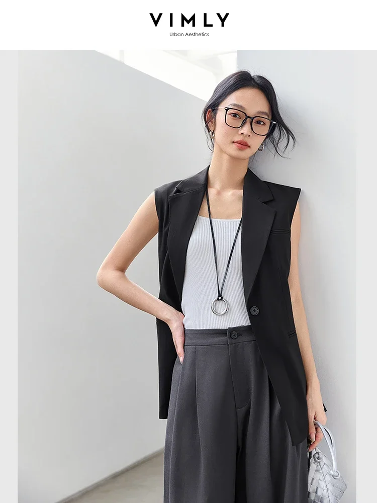 VIMLY Women's Office Lady Turn-down Collar Suit Vest 2025 Spring Simple Elegant Sleeveless Cardigan Tank Top Casual Waistcoat