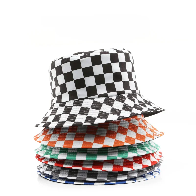 Summer Double-sided Black White Checkered Fisherman Hat Bucket Hats Fishermen Caps Outdoor Casual Cap Sunscreen Hat Sombreros