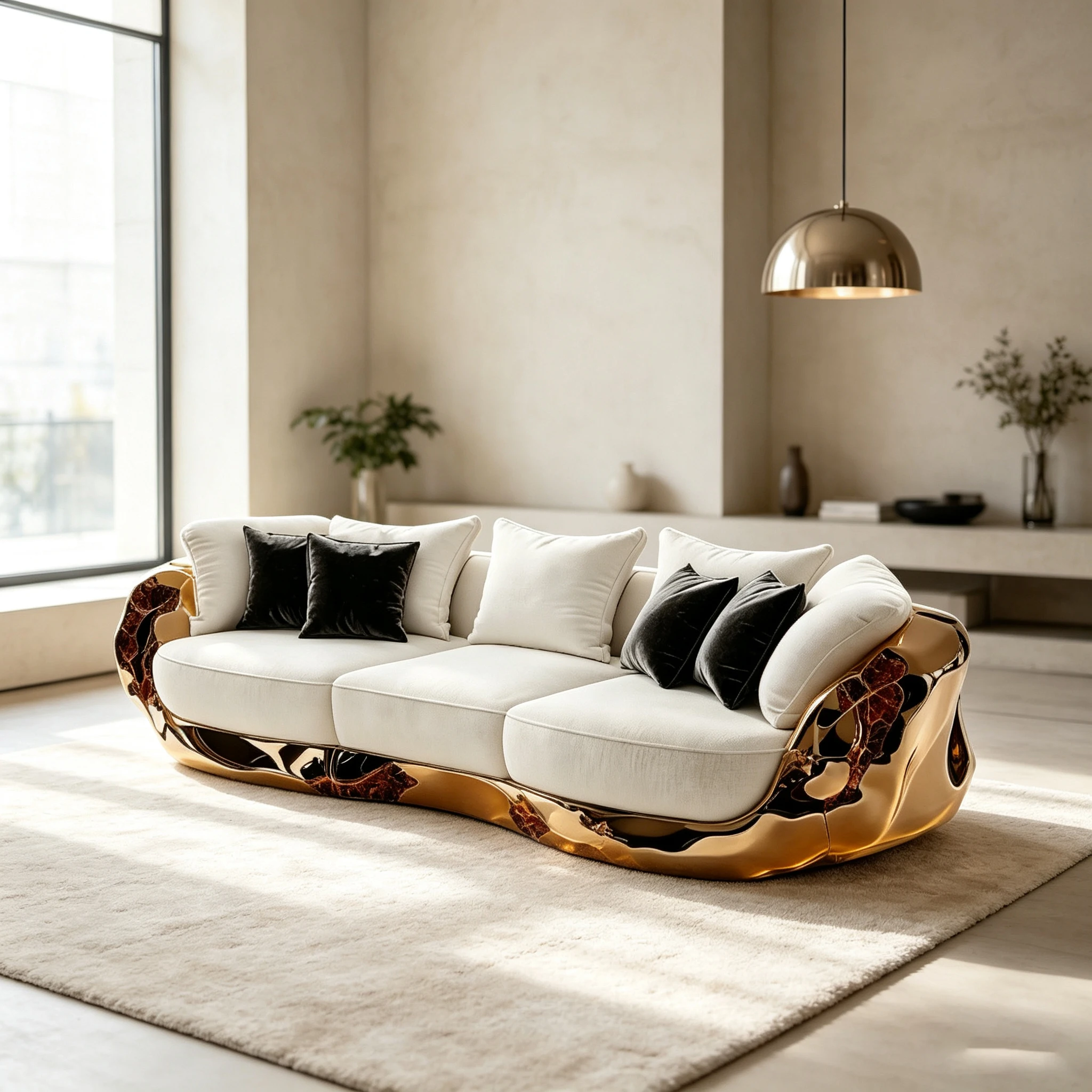 Luxury curved sofa, white fabric interior, electroplated fiberglass frame, art style sofa