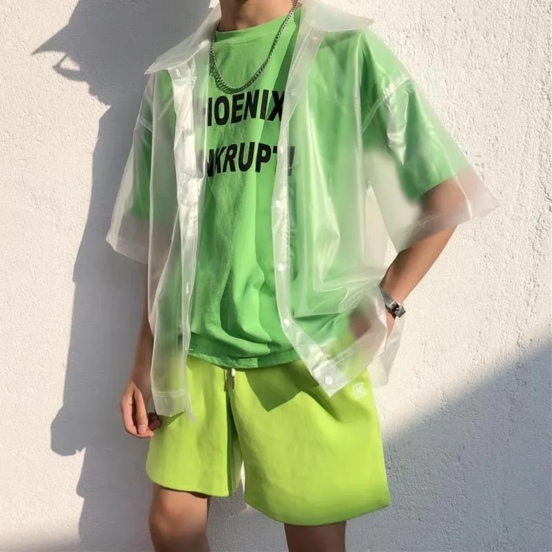 

PVC Plastic Man Sexy See Through Shirt Women Sheer Short Sleeve Loose Soft Thin Gloss Silent Top Private Party Waterproof Coats