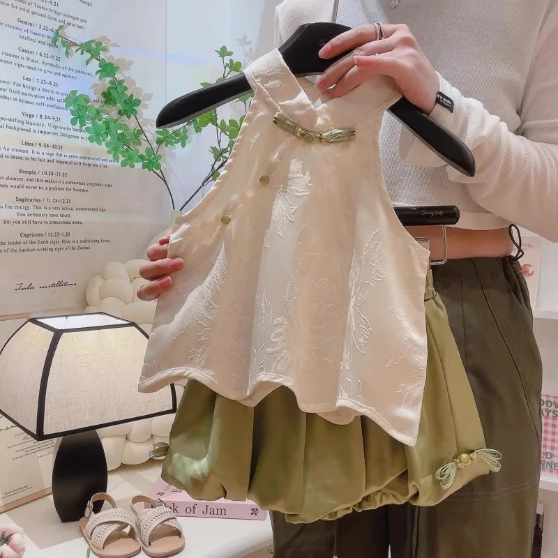 

TOY-Girls Summer Chinese Style Suit2025New Style Baby Girl Design Jacquard Chinese Style Hanfu Two-Piece Set with Frog Buttons