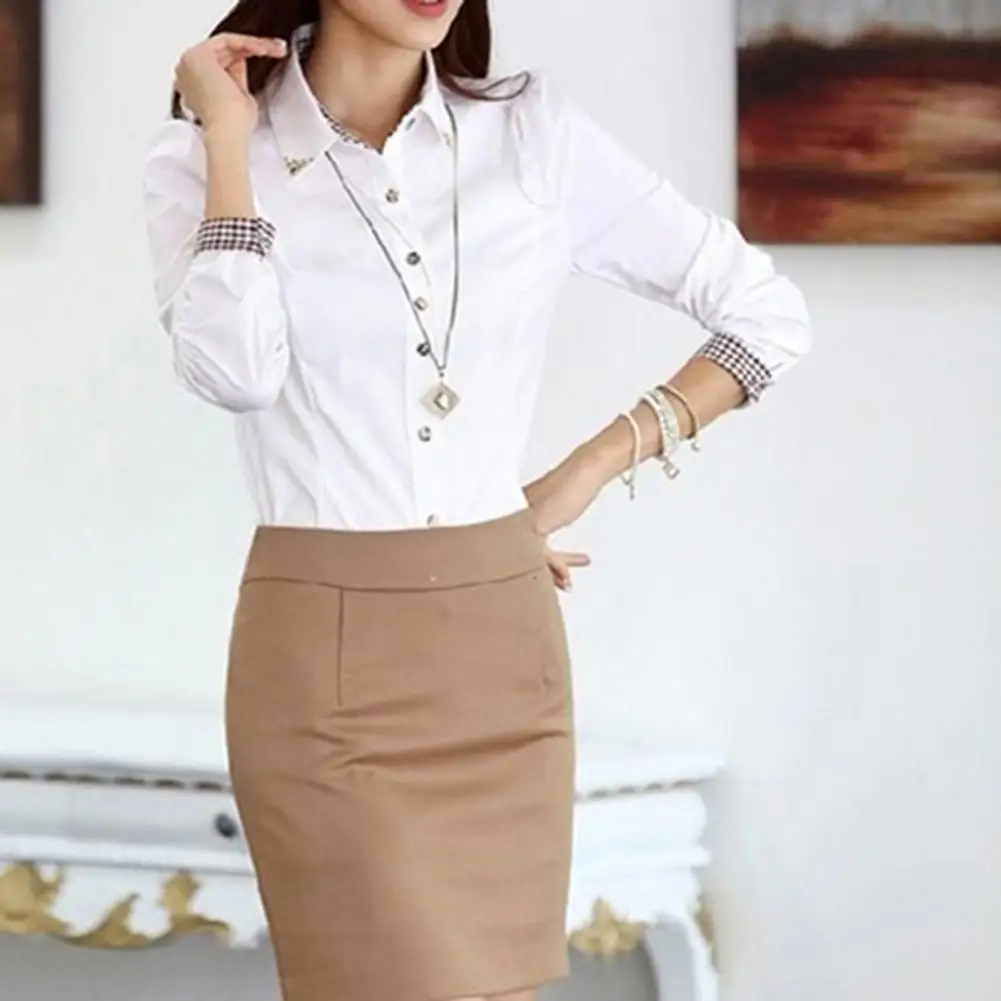 Camisa de algodón con cuello vuelto, blusa ajustada de manga larga, Tops con cuello, camisa informal Formal para oficina