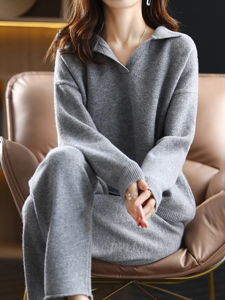 Thick Knit Sweatshirts 2 Piece Sets Women Fall Winter Loose Polo Collar Pullover Conjunto Korean High Waist  Straight Pants Suit