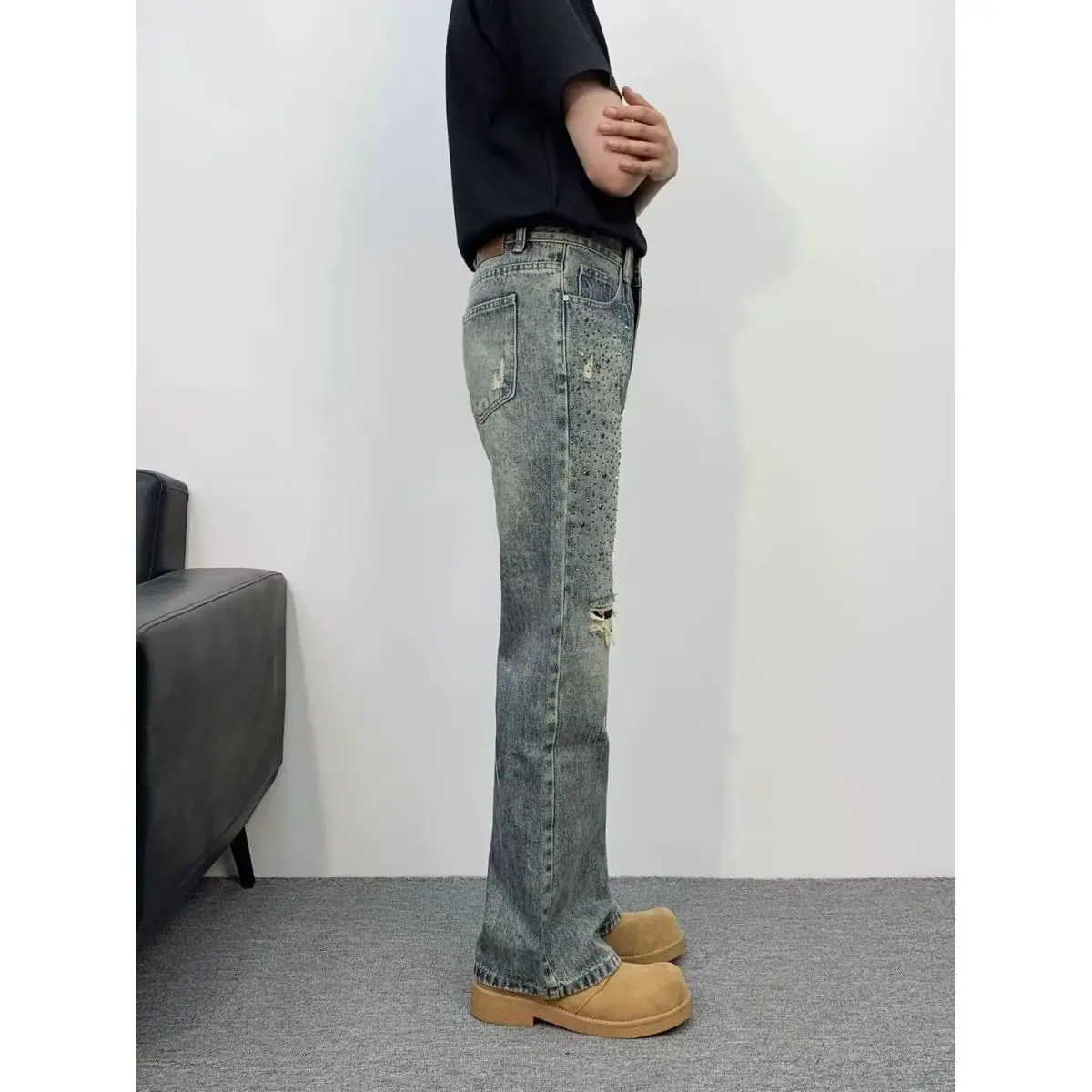 Men's Distressed Design Retro Jeans Cool Boys Street Sweatpants Fashion Denim Trousers Male Y2k Casual Straight Wide Leg Pants