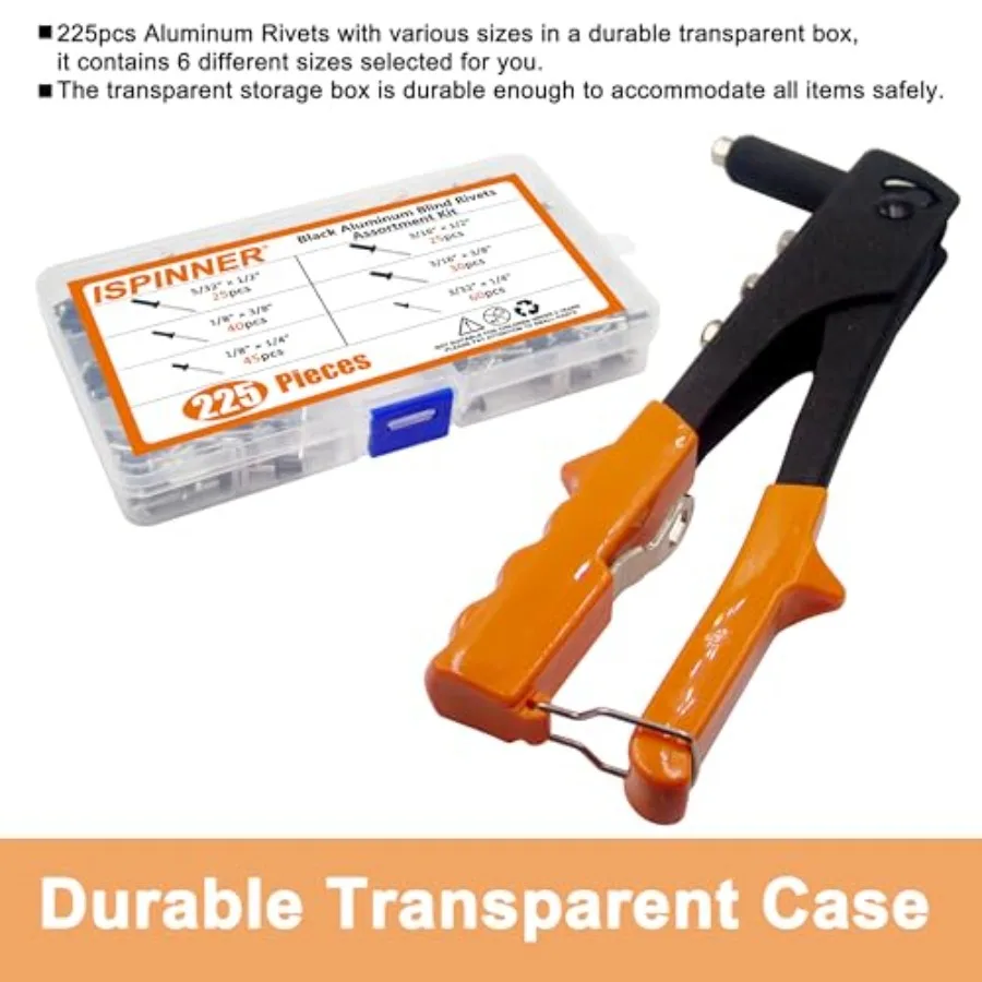 225pcs Black Aluminum Blind Rivets Assortment Kit with Heavy Duty Hand Riveter Rivet Gun Tool for Automotive Repair DI