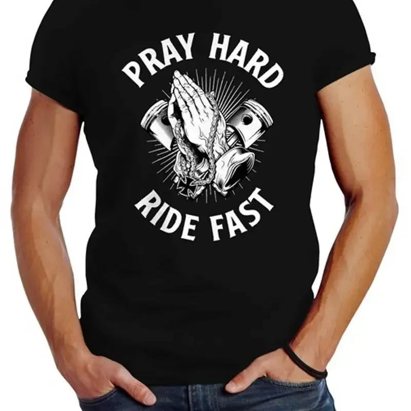 Mens Motorcycle Bike is My Religion Pray Hard Ride Fast Praying Hands T-Shirt