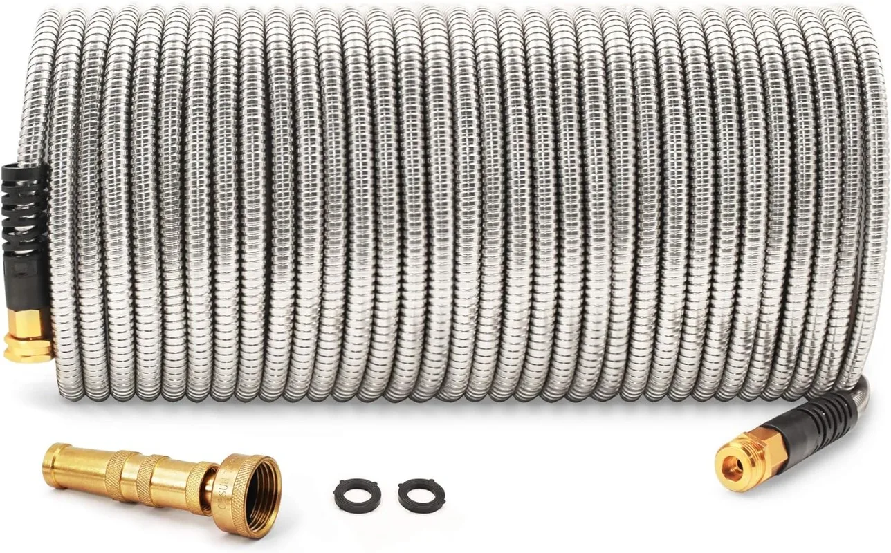 

Cesun Metal Garden Hose 100 foot - 304 Stainless Steel Water Hose, Flexible,Lightweight and No-Kink Metal Hose with Brass Nozzle