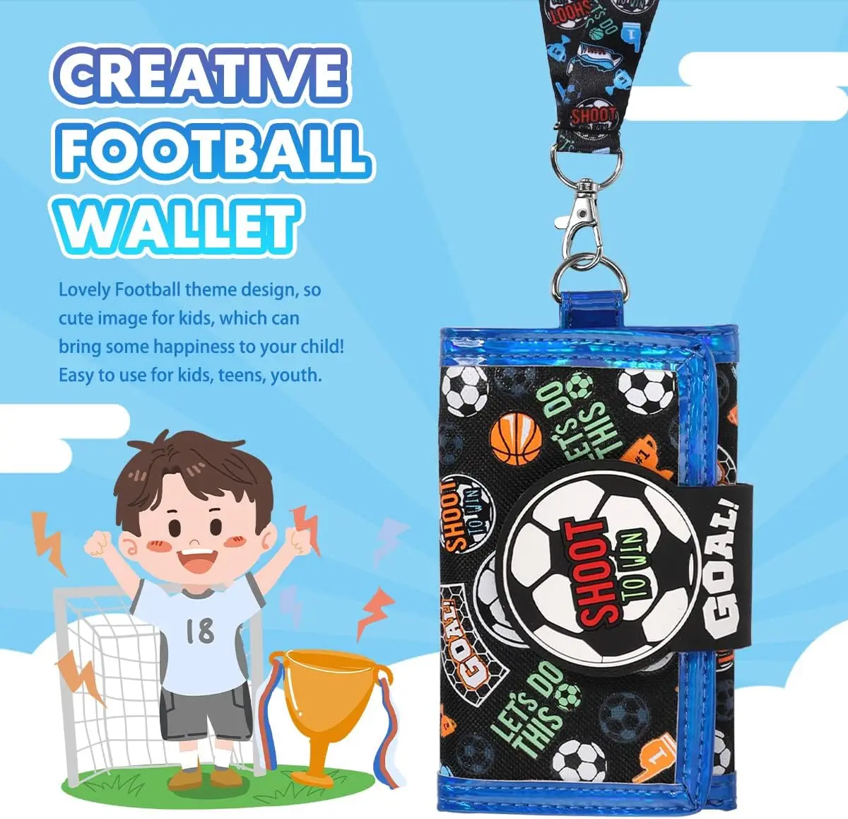 Kids Wallet for Boys Ages 4-18 Trifold, Youth Wallet with Lanyard Zippered Coin Pocket Card Holders, Novelty Wallet