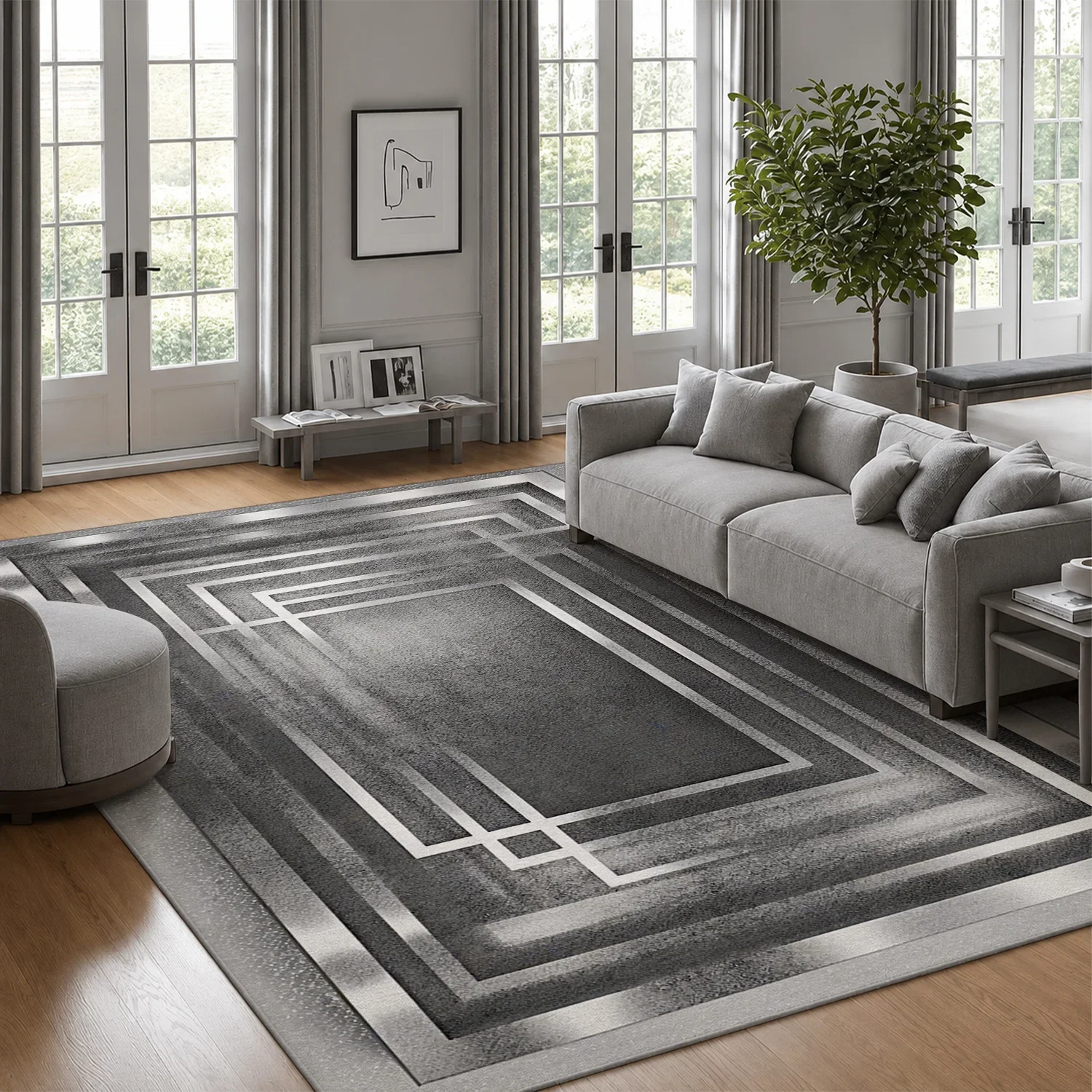 Large Indoor Area Rug Soft Velvet Low Pile with Non-slip Dotted Backing, Machine Washable Modern Geometric Gray Art Deco Rug for