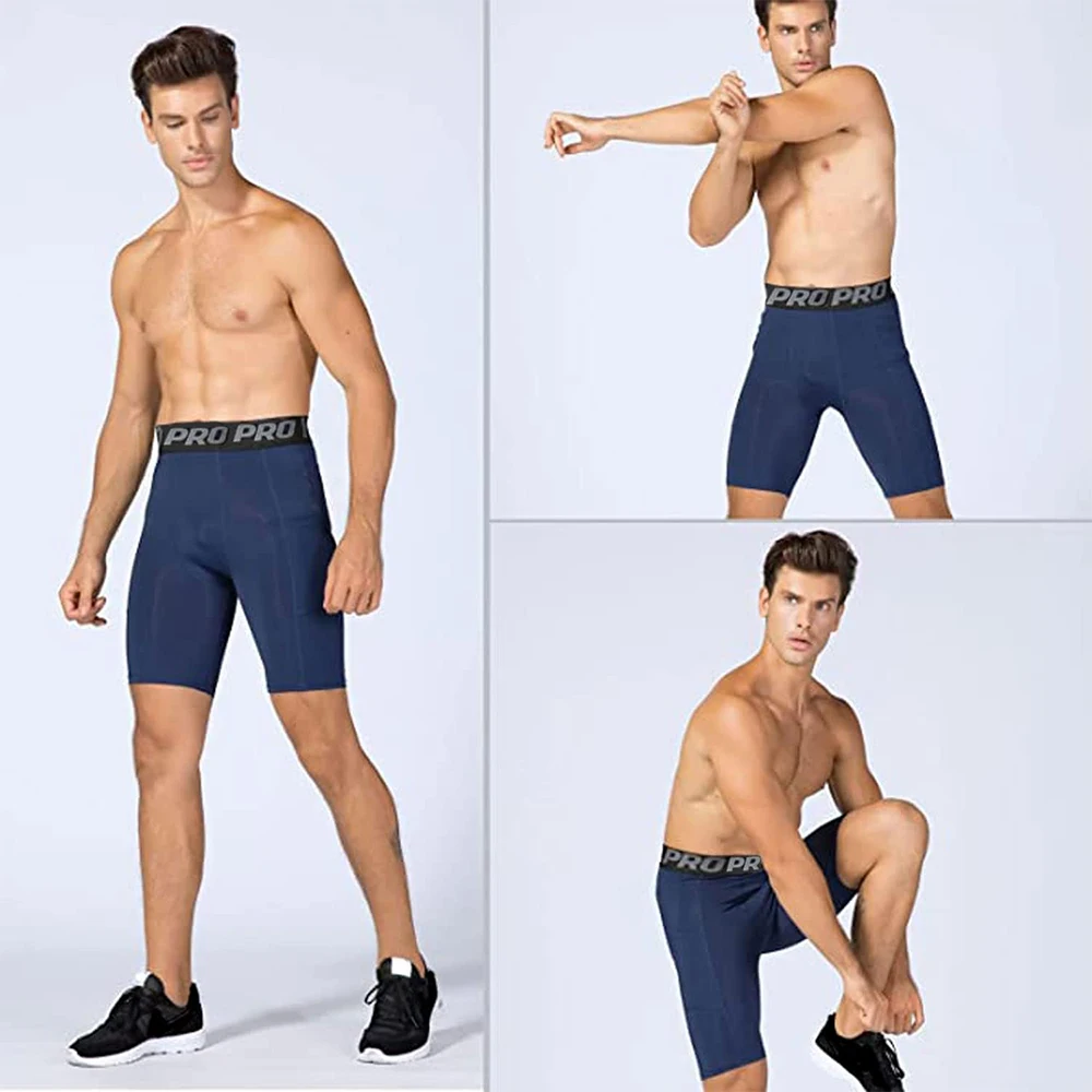 Men's Sports Compression Shorts with Pockets Gym Workout Polyester Boxer Briefs Running Basketball Bike Athletic Short