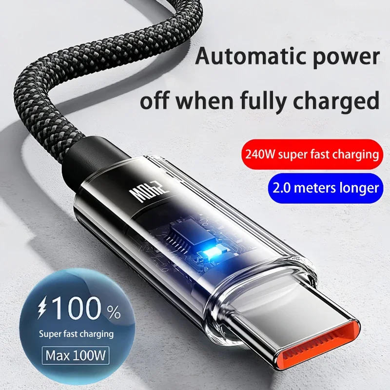 240w Super Fast Charging Cable Nylon USB Type C With Led Digital Display USB C Charger Data Cord For Samsung Xiaomi Huawei Honor