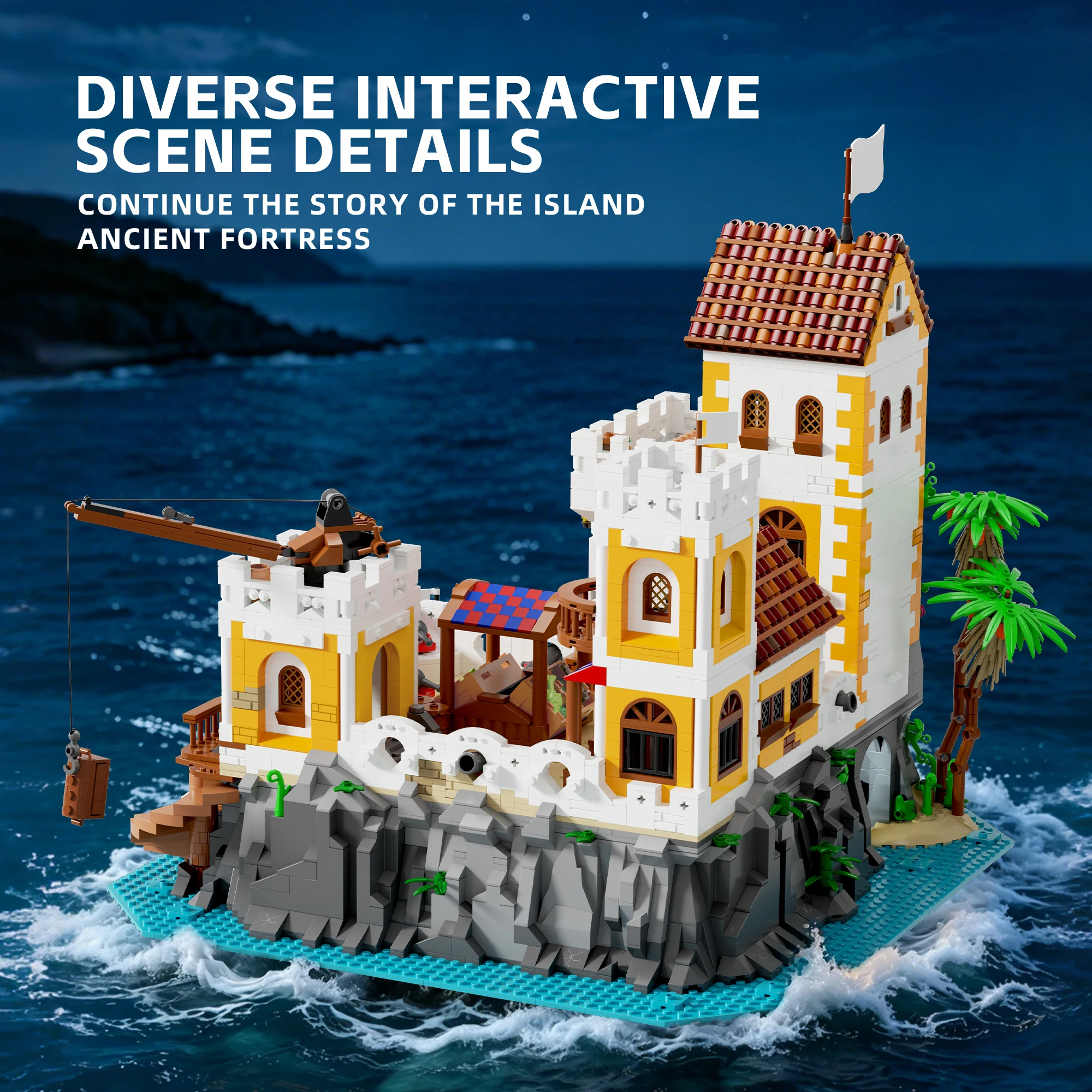 5069PCS Royal Coast Fortress Building Block Islands Castle Model Brick Set With Light Desktop Ornament Assembly Toy Holiday Gift