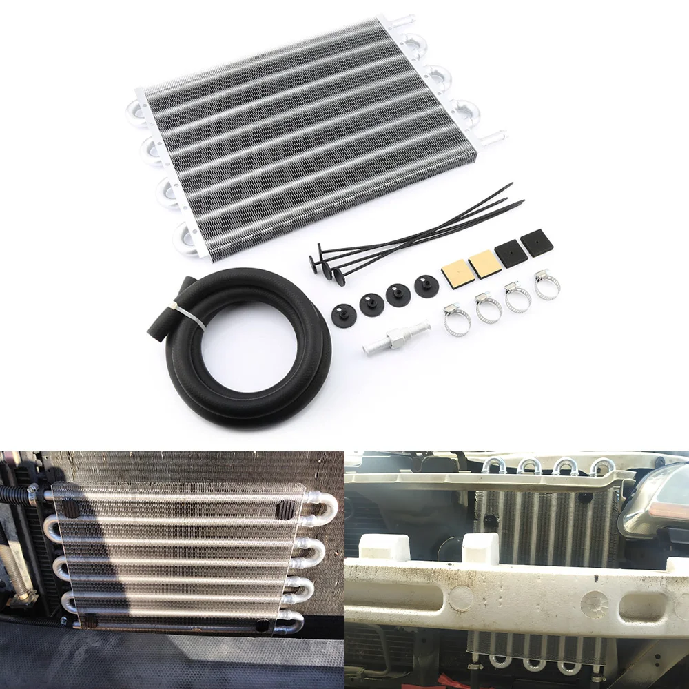 

Универсальный алюминиевый радиатор-охладитель трансмиссионного масла на 4, 6, 8 рядов - комплект с шлангами и креплениями, серебристый/черный