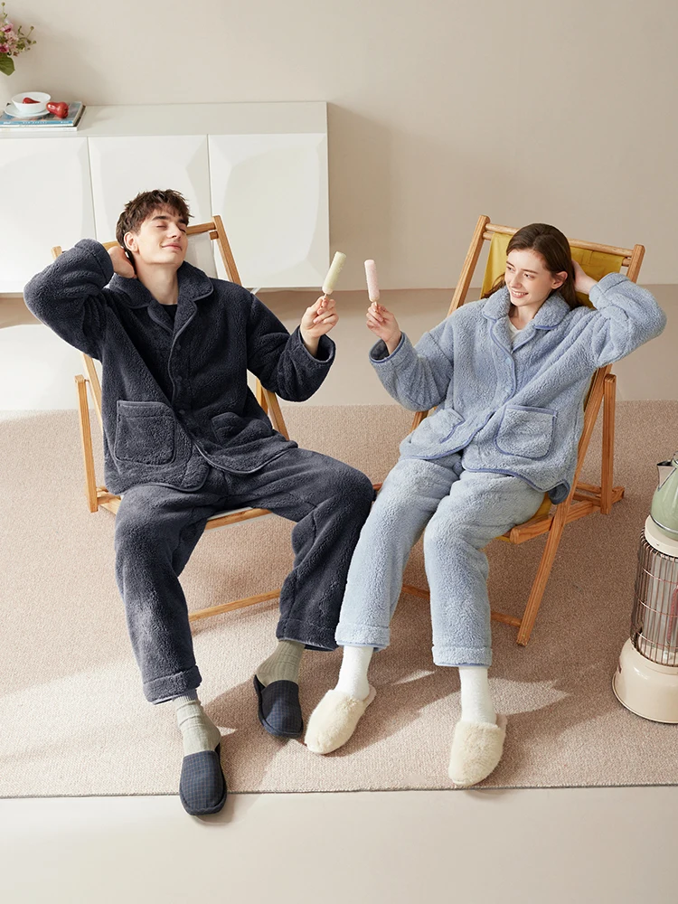 Pajamas Couple Winter Women's Thickened Simple Casual Large Size Flannel Men's Fall/Winter Home Wear Suit Coral Fleece