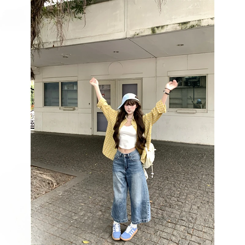 High Street Design Sense Niche Breathable Shirt Women's Yellow Plaid Sunscreen Jacket Top Men's and Women's Couples