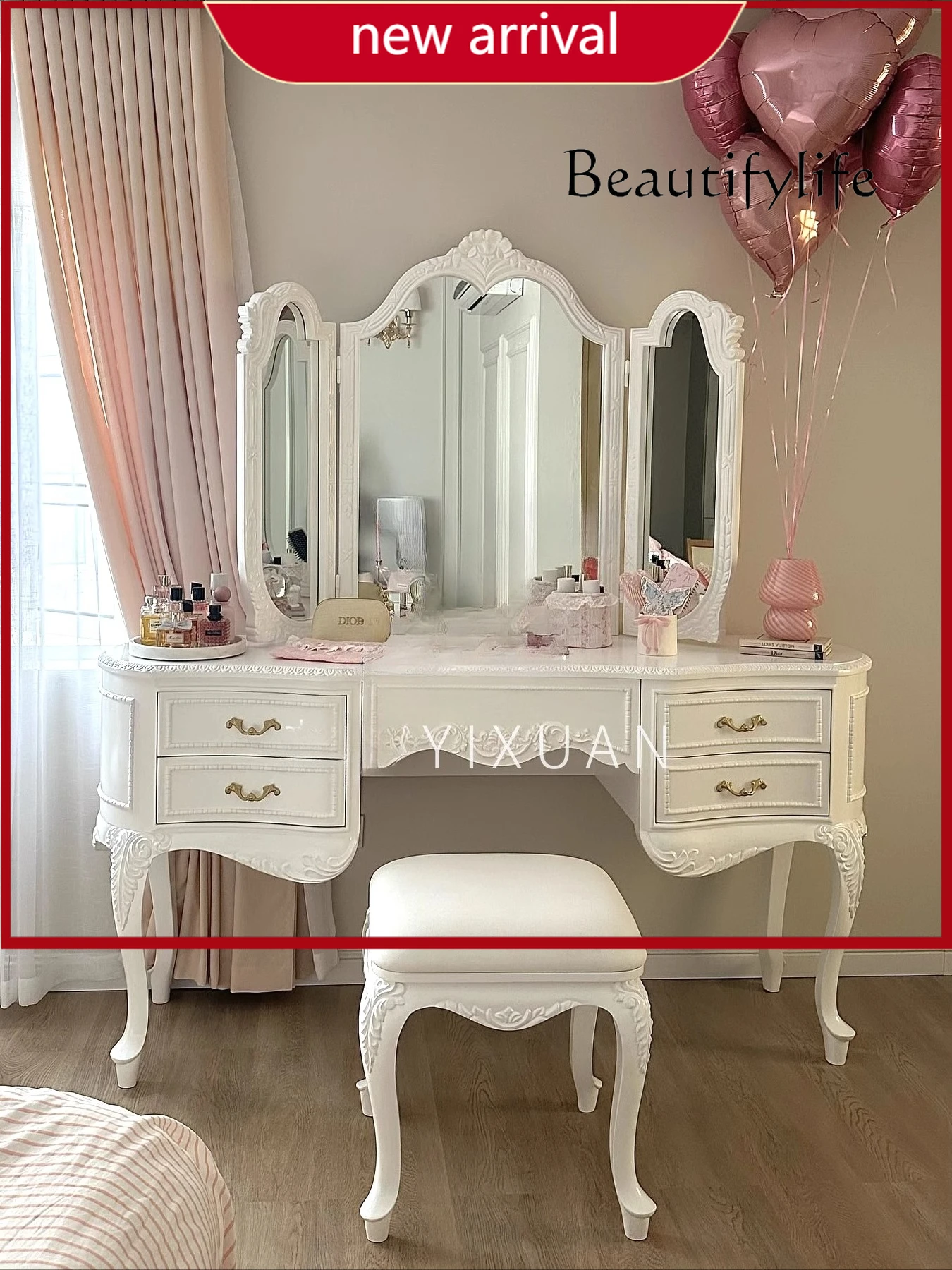 

ZY French Retro Solid Wood Carving Flower Bedroom Dressing Table Nordic Modern White Villa Dressing Table Furniture Customizatio