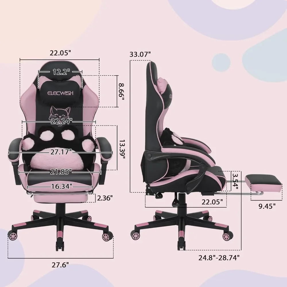 Pink Gaming Chair with Footrest, Cute Gaming Chair with Massage Cat Paw Lumbar Cushion for Girl