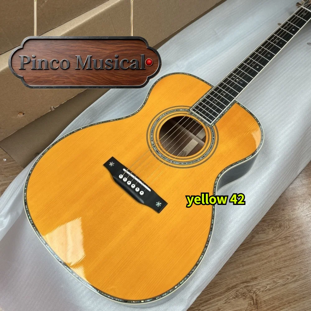 Yellow 39 Inch OM42 Acoustic Guitar Picea Asperata Body Rosewood Back Abalone Shell Inlaid Portable Beginner Unisex