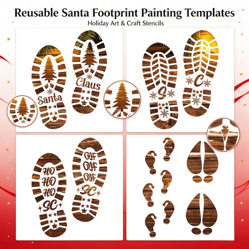 Santa Footprint Stencil 12 Inch Painting Template, Reusable PET Stencil to Create Magical Santa Footprints for Xmas Home Decor