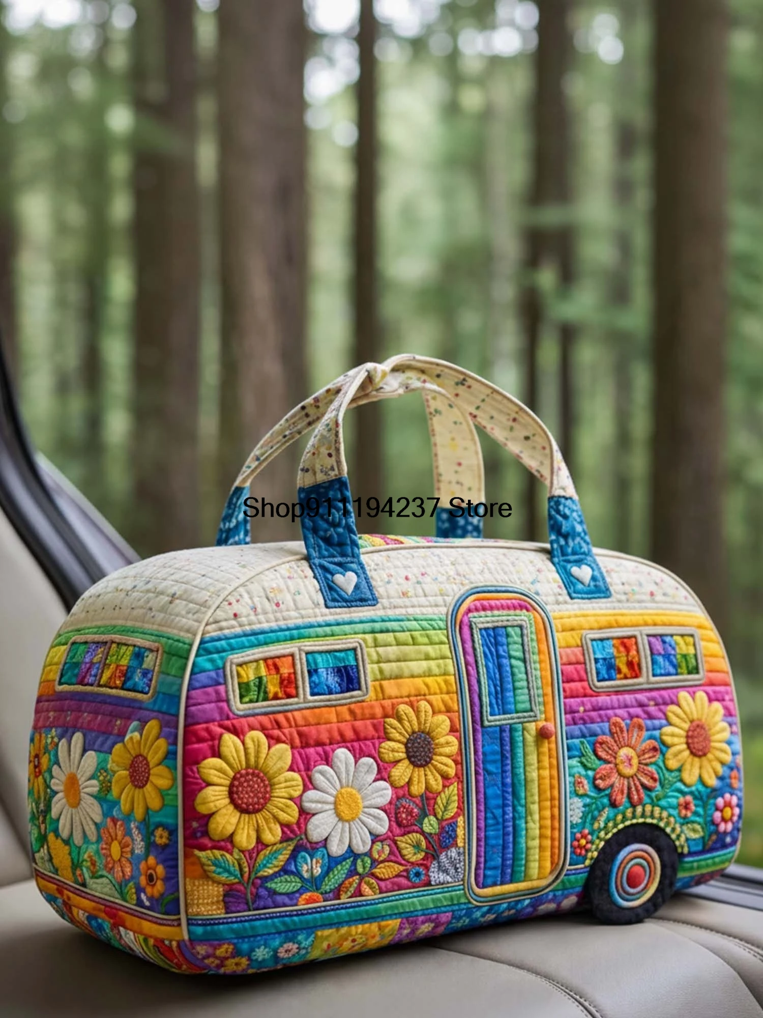 Hippie Flower Campervan Quilted Duffle Bag Women Girls Workout Travel Bag Funny Shopping Work