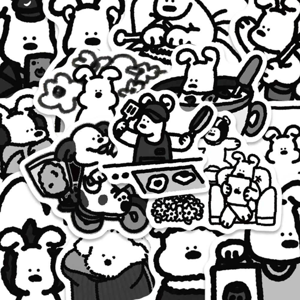 62pcs Black White Ins Puppy Stickers Cute Cartoon Dog Decal DIY Handbook Journal Luggage Bottle Skateboard Decorative Stickers