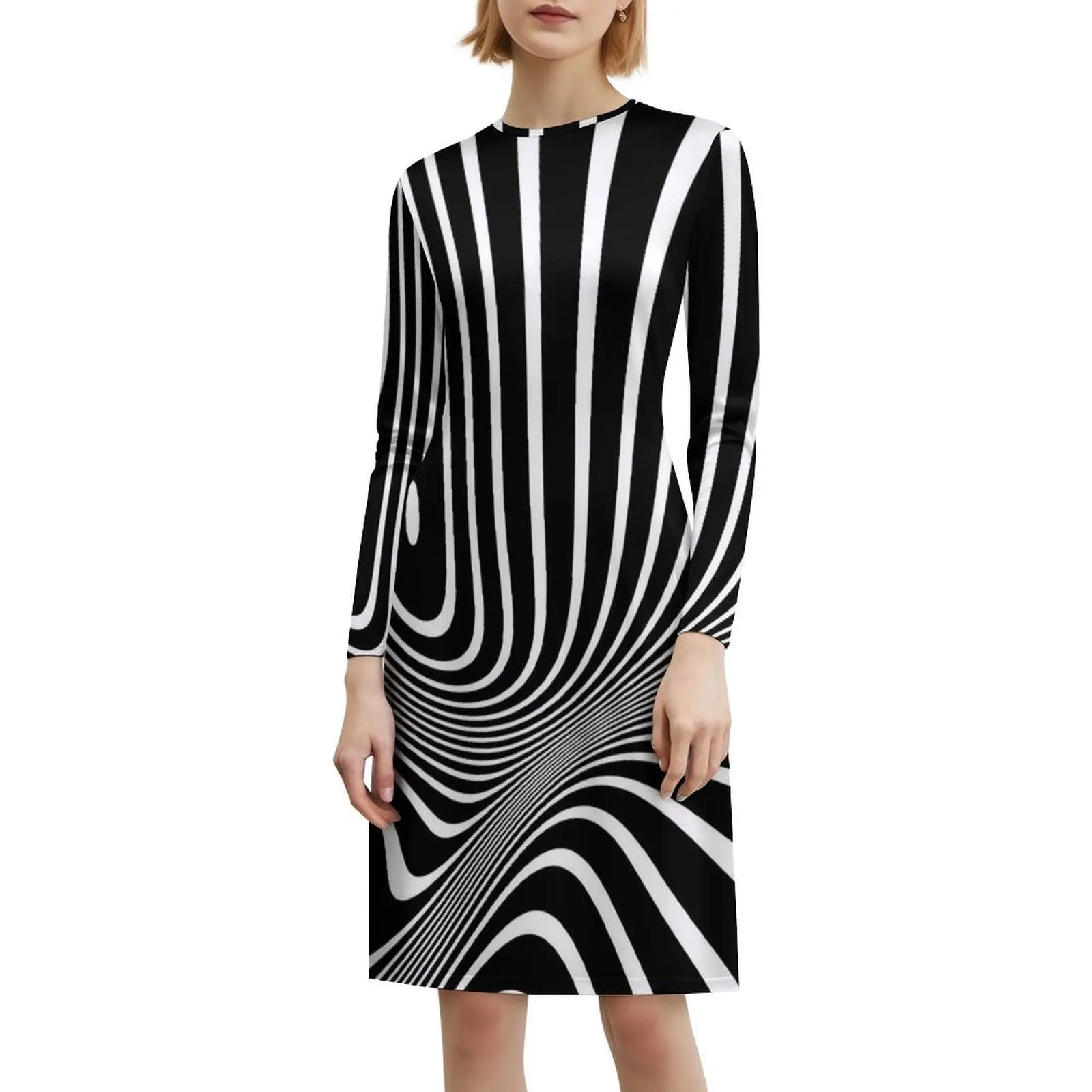الأشكال والخطوط الرجعية أبيض وأسود الفن البصري نمط Preppy فستان قصير للنساء ألف خط فضفاض صالح فستان يوم غير رسمي Op Art #6