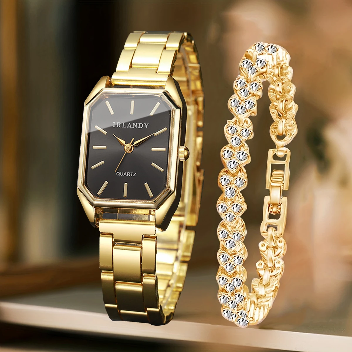 2PCS Fashion Rectangle Women Quartz Watch Rhinestone Bracelet Set Elegant Ladies Wristwatches Reloj Mujer ClockWithout Box