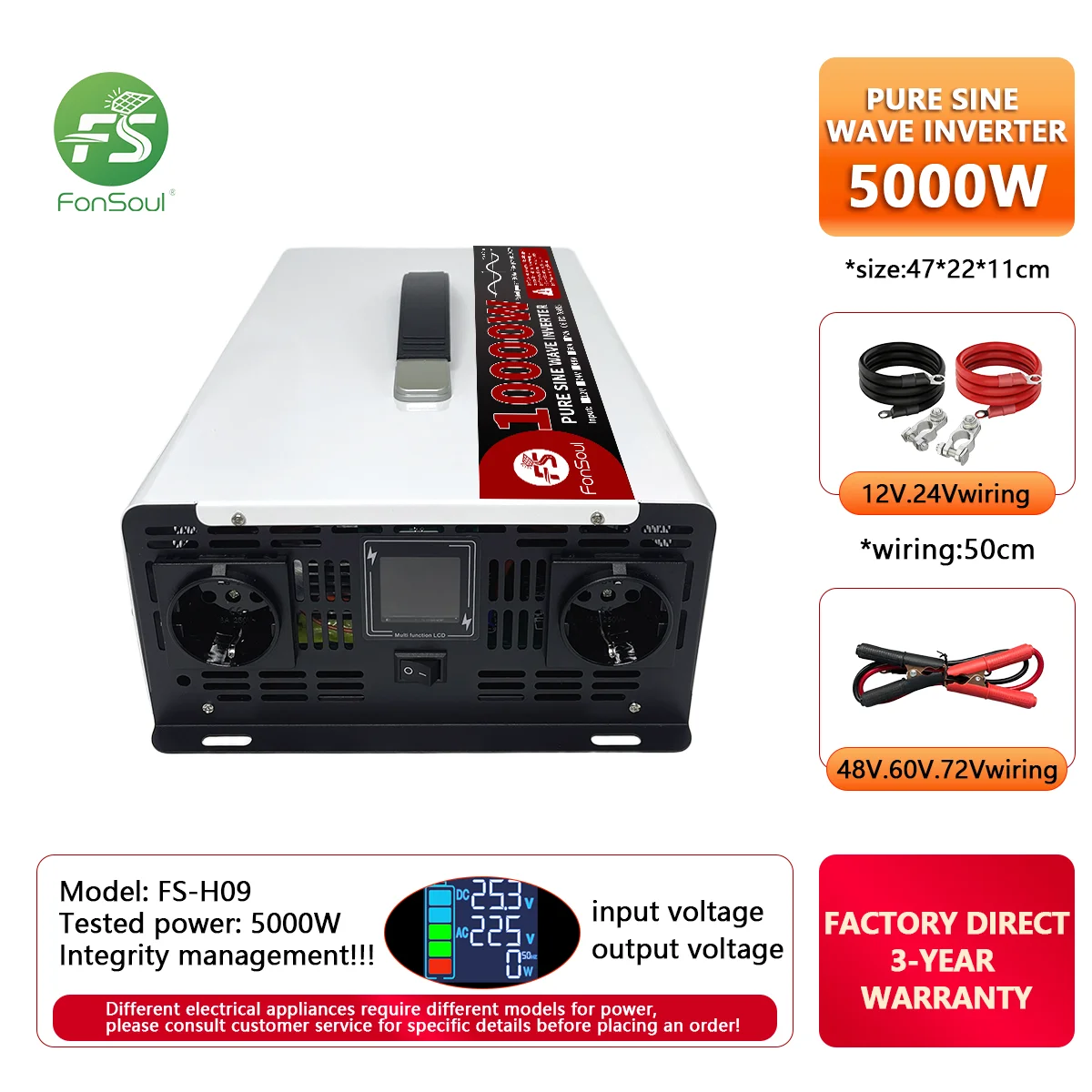 Fonsoul 12V/24V to 110V 220V 10KW Pure Sine Wave Inverter Portable Inverter Two/Four Outlets for Solar/RV/Home Appliance/Outdoor