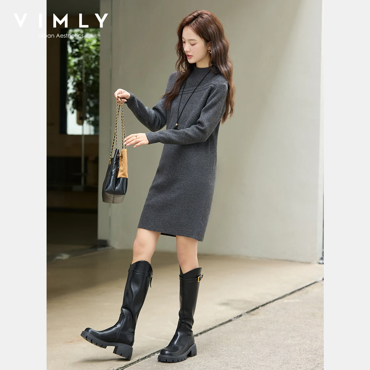 VIMLY Graue Kleider Frau Elegante 2025, Herbst Gestrickte Mock Neck Getäfelten Midi Dame Kleid Gerade Wolle Mischung Weibliche Kleider 75187
