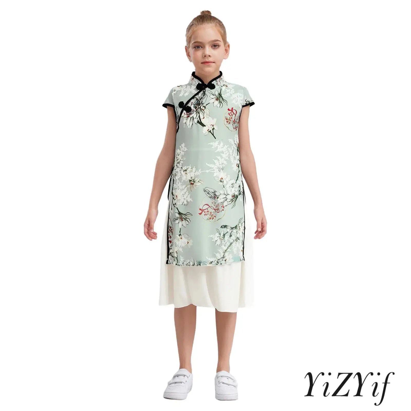 Cheongsam tradizionale cinese per bambine, abito ricamato con stampa floreale, bottoni con nodo, maniche ad aletta, costume cosplay di Halloween