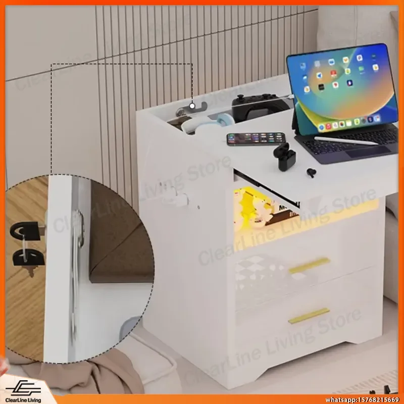 Mesa de Cabeceira de Madeira com Duas Gavetas e Estação de Carregamento 2AC 2USB, Luz LED para Sofá, Quarto e Sala de Estar, Plugue UK