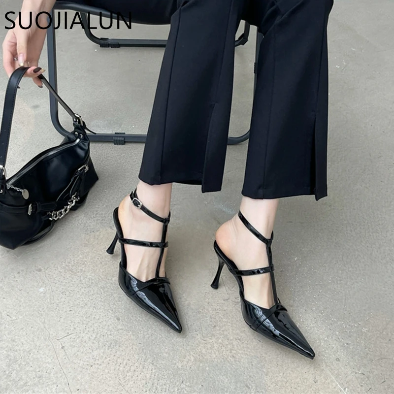 SUOJIALUN 2023 Spring New Pointed Toe Women Sandal Fashion Ankle Starp Thin High Heel Ladies Elegant Pumps Dress Slingback Shoes