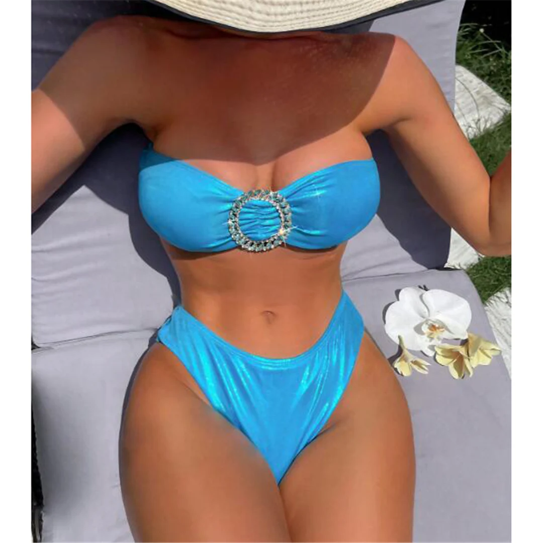 Diamant-Strass-Bandeau-Bikini mit mittelhoher Taille, Damen-Badeanzug, zweiteiliges Bikini-Set, Badebekleidung, Badeanzug, Modell V5402 – Detail 7