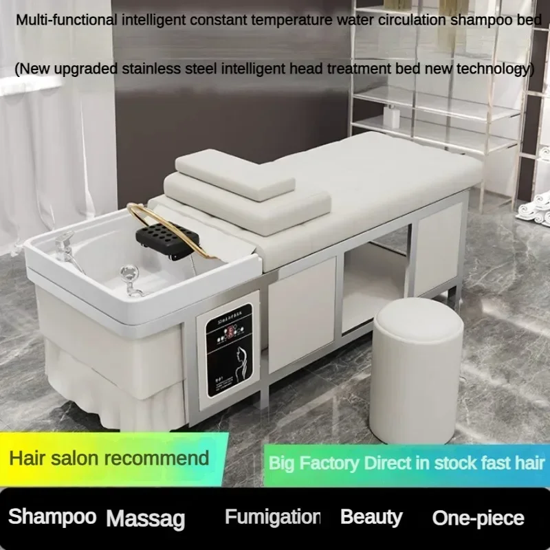 High-end Stainless Steel Hair Treatment Shampoo Bed Barber Shop Special Lie Down  Salon Thai Water Circulation Massage Bed