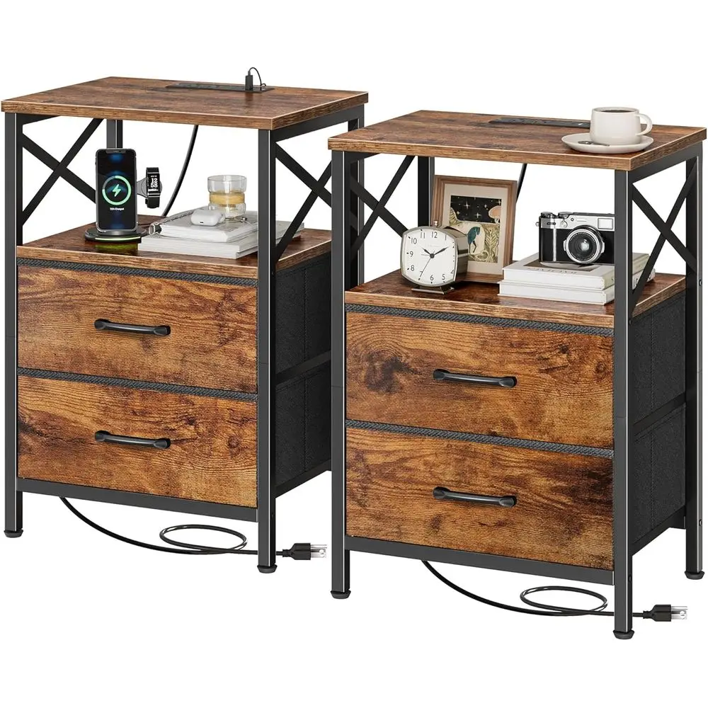 

Rustic Brown 2 Drawer Nightstands with USB-C Charging and Open Shelf for Small Spaces