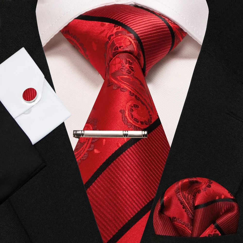 KAMBERFT Neue Klassische Seidenkrawatte für Herren Rot-Gold Gestreift Herrenkrawatte Taschentuch Manschettenknöpfe Set Hochzeit Business Party Gravatas – Detail 3