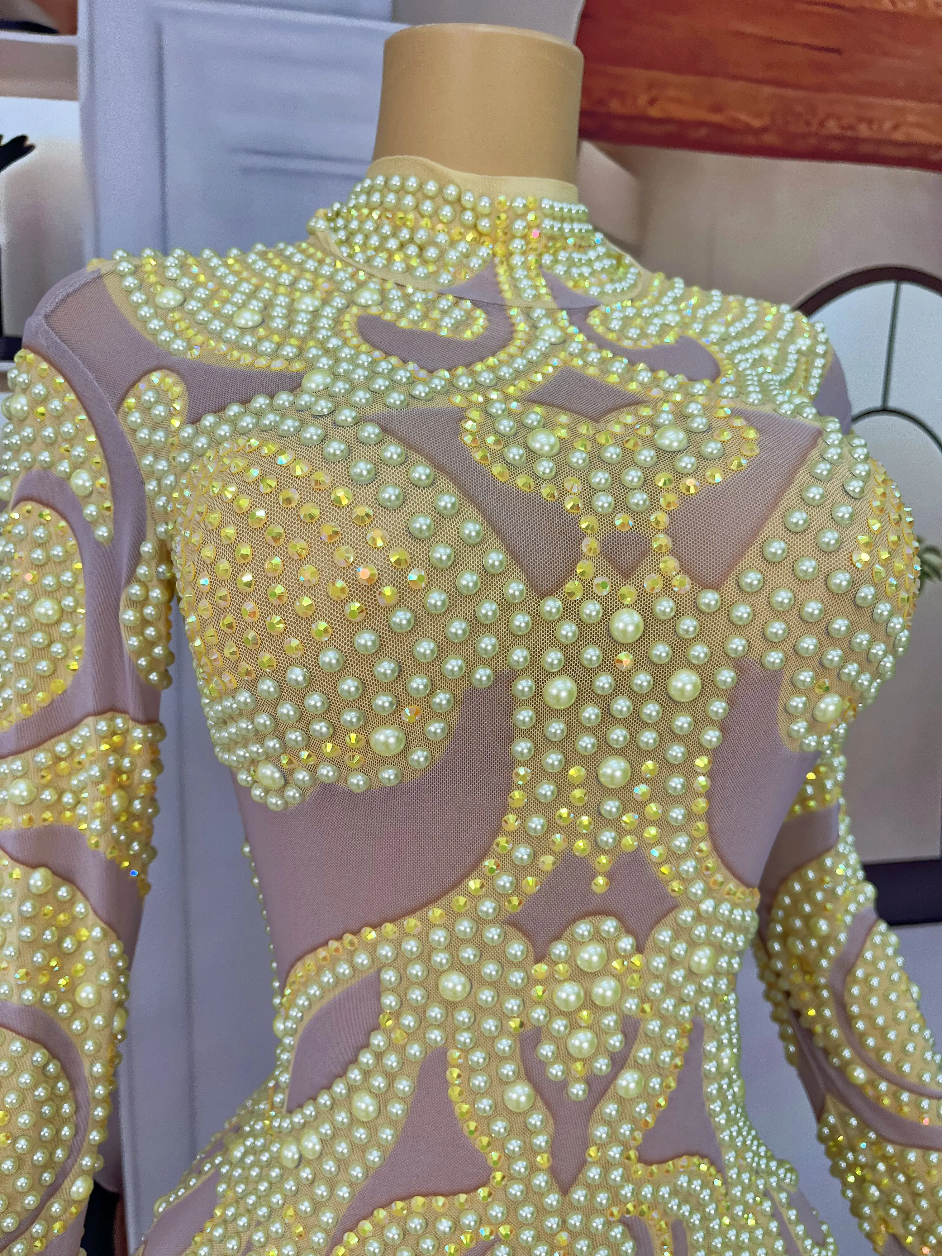 Neon Yellow Rhinestones Pearls Luxury Celebrate Sexy Jumpsuit Long Sleeves Stretch Bodysuit Birthday Costume baizhu