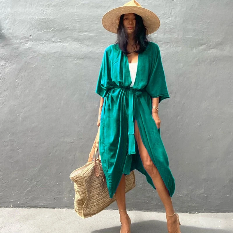 

Turquoise Blue Belt Coat Rayon Flowy Breezy Solid Color Simple Minimalist Stylish Summer Kimono Sea Bali Holiday Beach Cover Ups