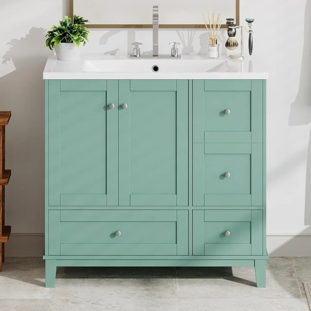 36" Modern  with USB Charging, Two Doors and Three Drawers , Small Bathroom Vanity Cabinet with Single Sink, Green