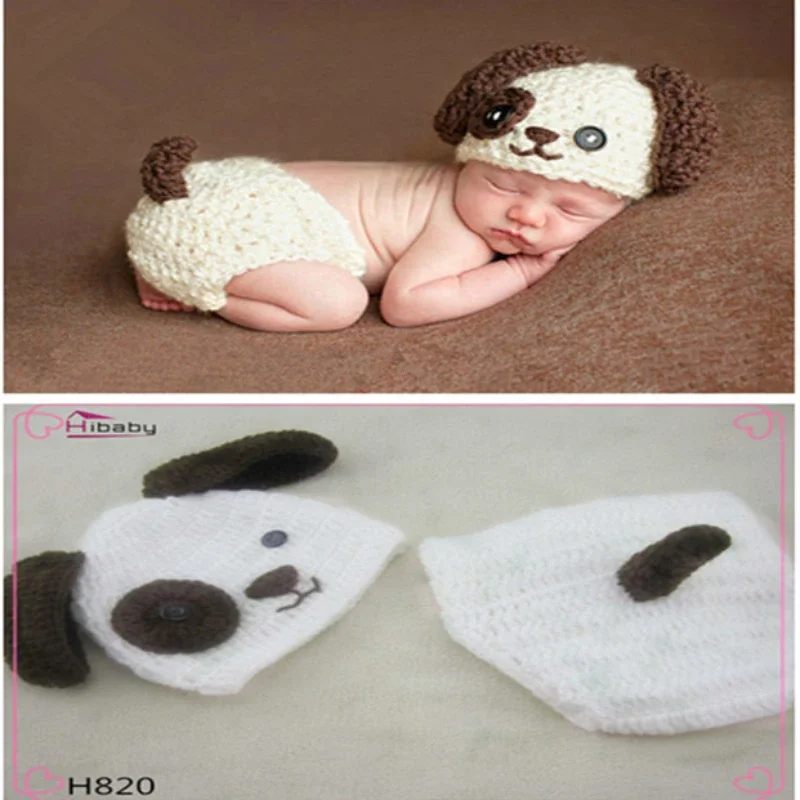 Newborn Photography Clothing Soft Wool Crochet Knitted Animal Dog Hat and Shorts with Bones Sets Studio Baby Photoshoot Outfits