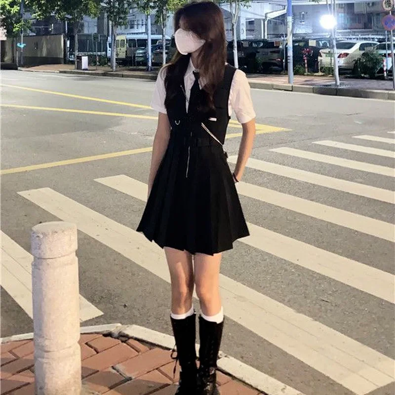 Komplety damskie Casual Short Sleeve Newly Summer Shirt with Tie and Black Slim Sleeveless Pleated Mini Vestidos Harajuku Chic Outfits