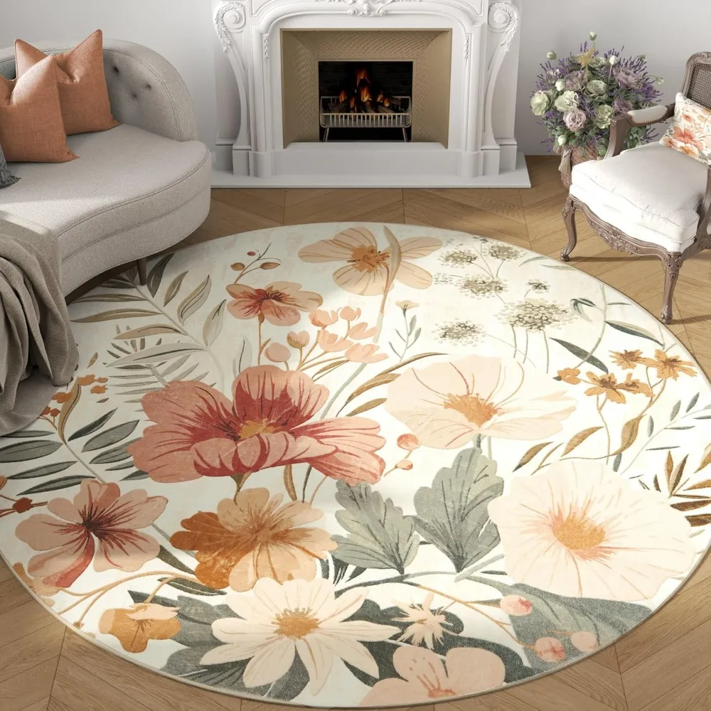

jinchan Floral Round Rug 6ft Area Rug Indoor Circle 6' Round Washable Modern Oriental Flower Print Non Slip Carpet for Living Ro